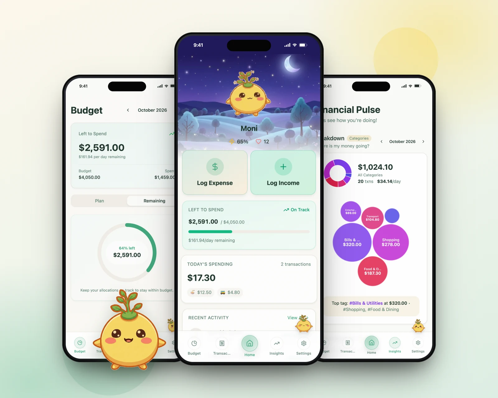 monimoni phone screens: the Moni pet on the home screen above log-expense buttons and left-to-spend, the monthly budget ring, and spending insights by category