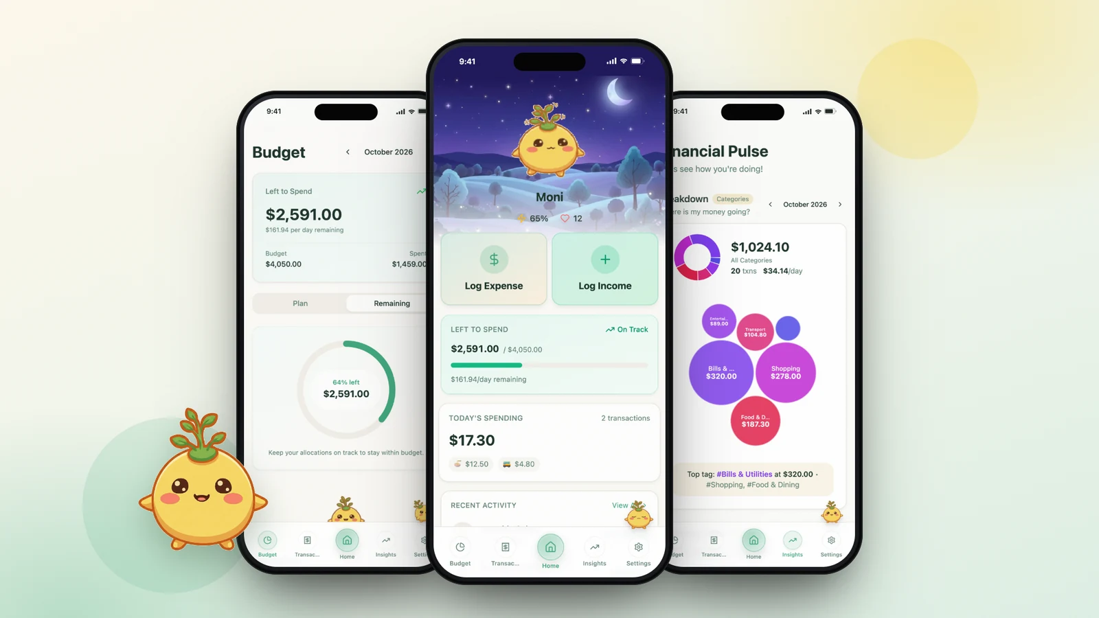 monimoni phone screens: the Moni pet on the home screen above log-expense buttons and left-to-spend, the monthly budget ring, and spending insights by category